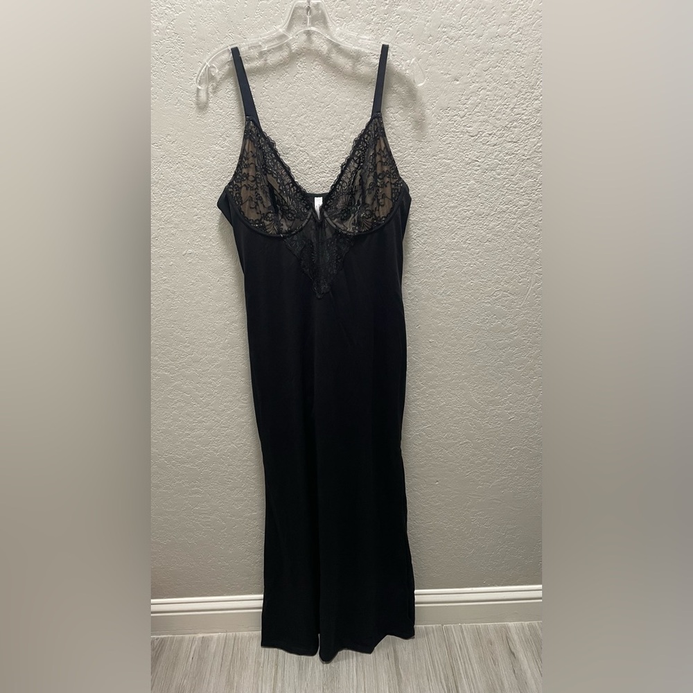 Shapewear Lace V Neck Side Slit Slimming Maxi Slip Dress Womens XXL Black